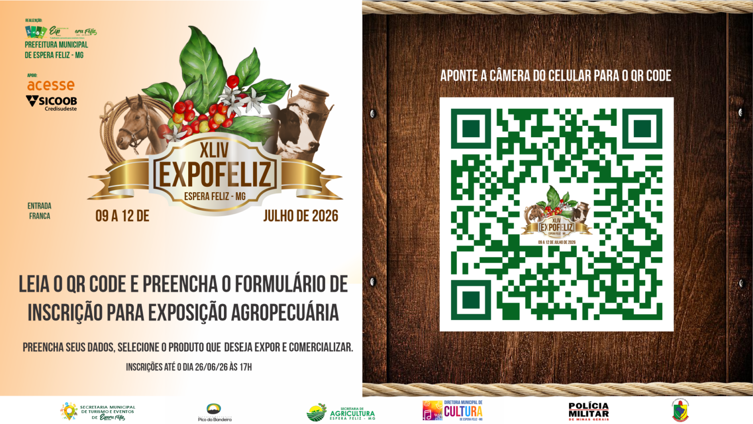 Inscrições para a XLIV EXPOSIÇÃO AGROPECUÁRIA DE ESPERA FELIZ